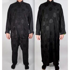 Shanghai Tang 3 piece suit long jacket pants XL black silk robe frog closure